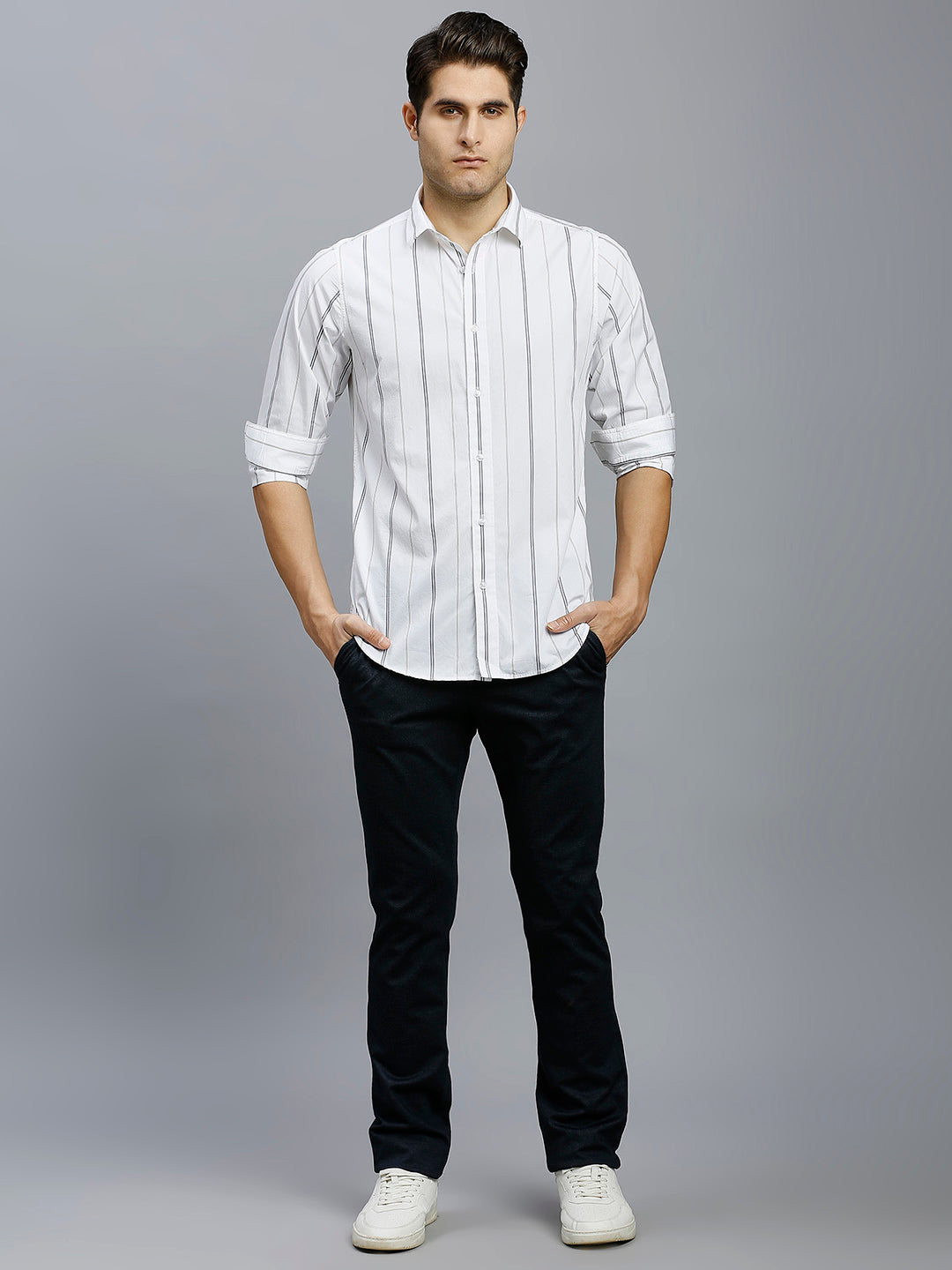 White Stripe 100% Cotton Slim Fit Casual Full Sleeve Shirts