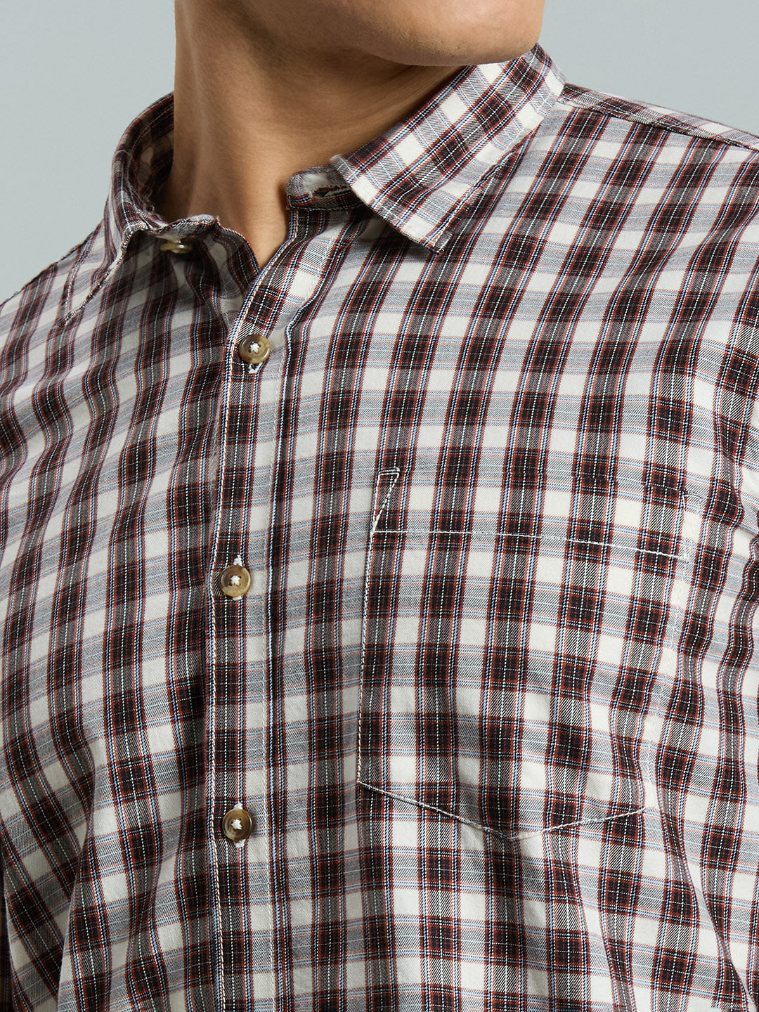 White & Red & Blk Checks 100% Cotton Slim Fit Casual Full Sleeve Shirt