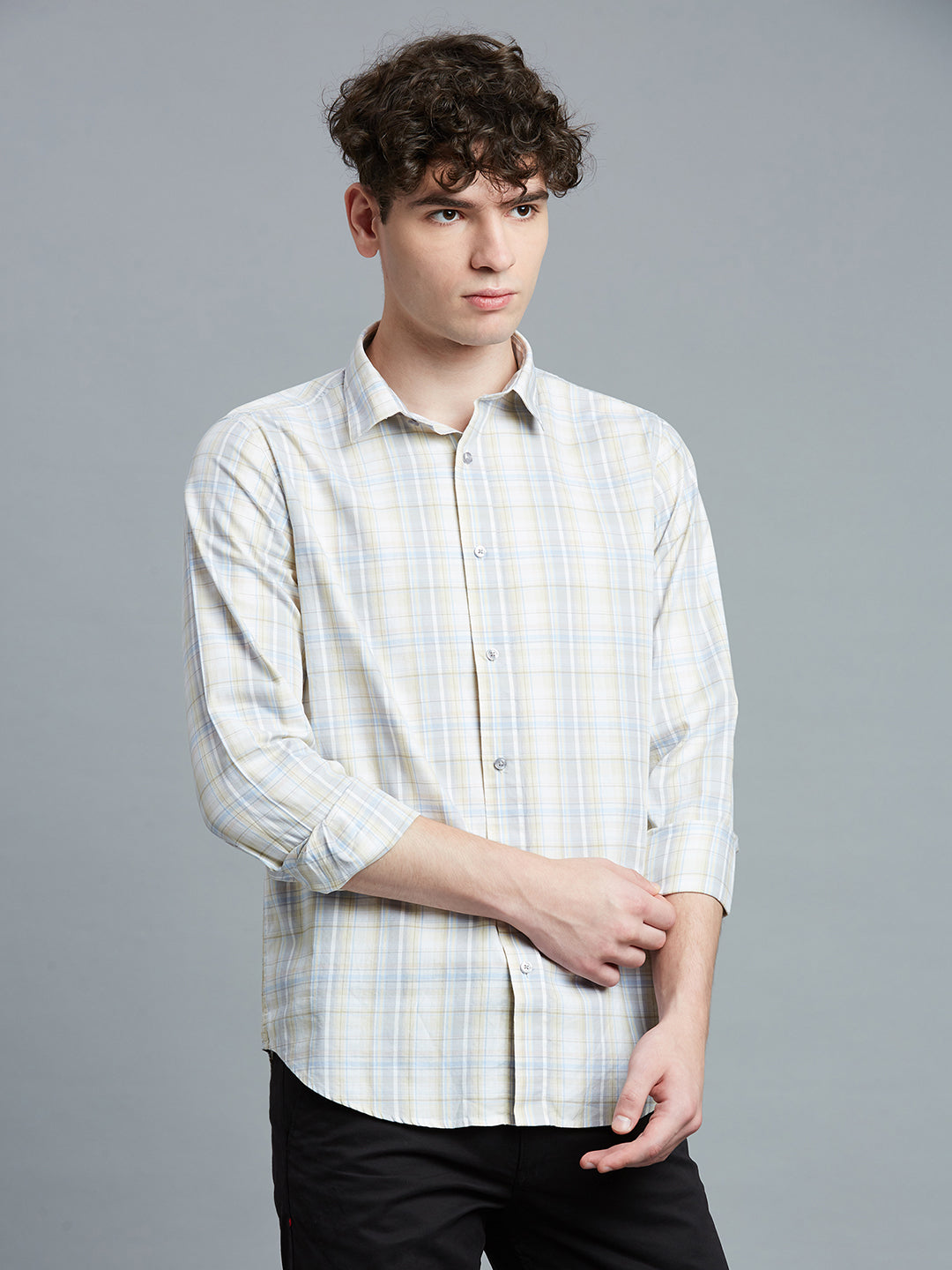 Beige & Grey Checks 100% Cotton Slim Fit Casual Full Sleeve Shirts