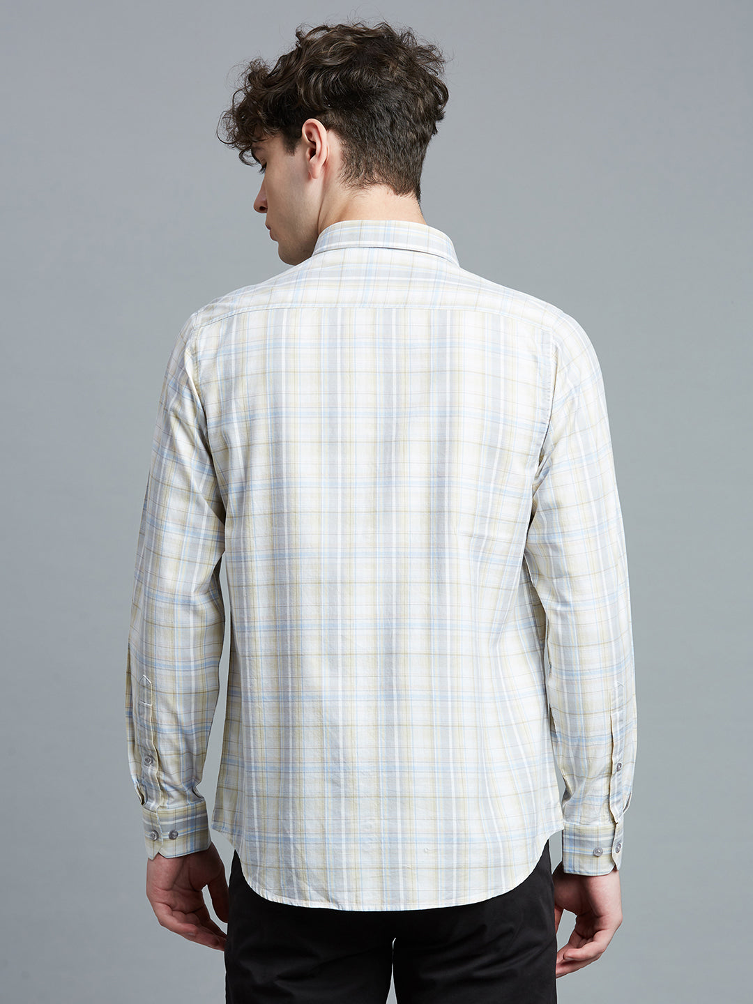 Beige & Grey Checks 100% Cotton Slim Fit Casual Full Sleeve Shirts