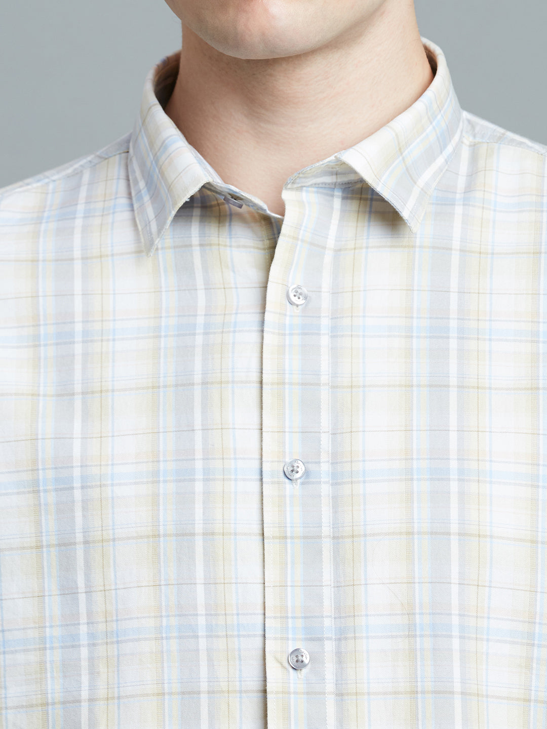 Beige & Grey Checks 100% Cotton Slim Fit Casual Full Sleeve Shirts