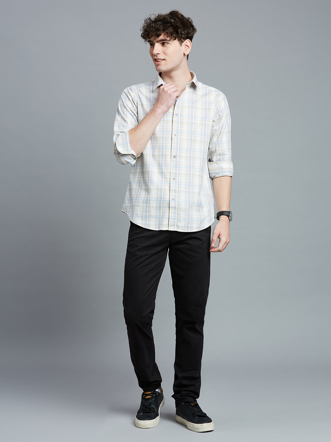 Beige & Grey Checks 100% Cotton Slim Fit Casual Full Sleeve Shirts