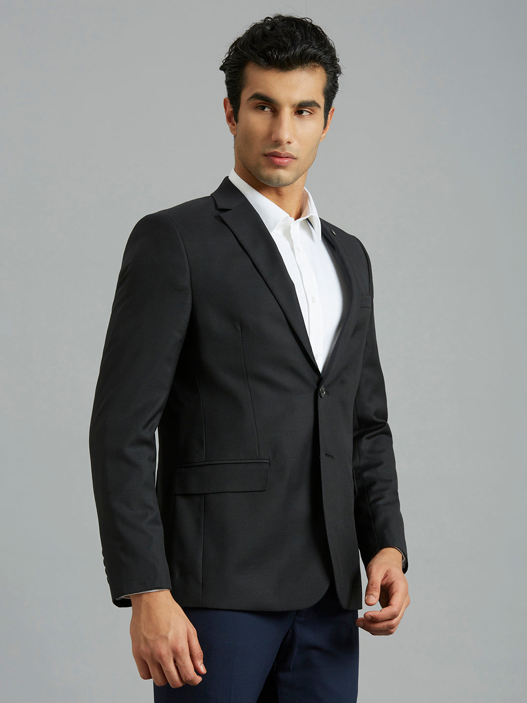 Black Plain Wool Blend With Elastane Tailor Fit Formal Full Sleeve Blazer