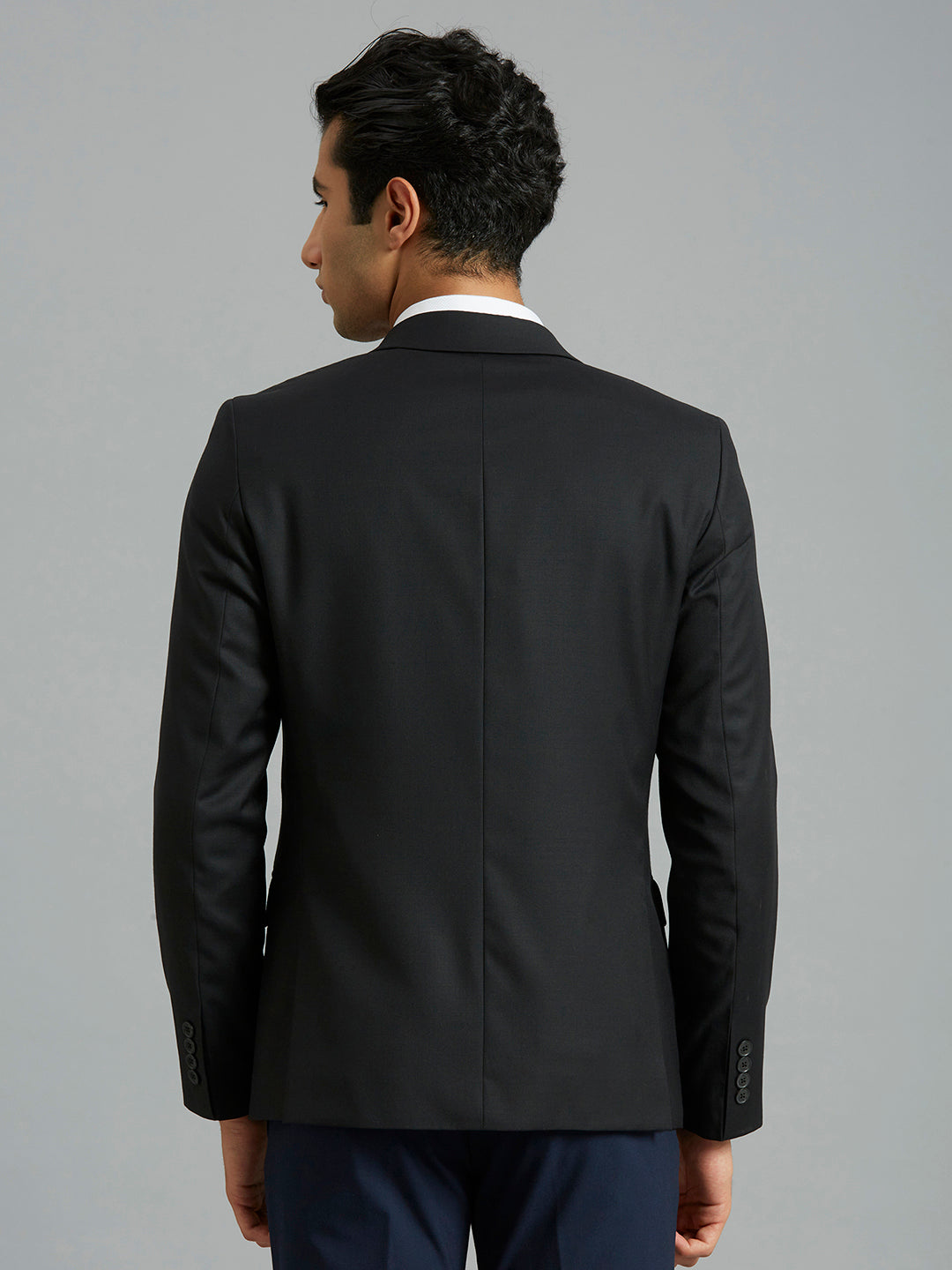 Black Plain Wool Blend With Elastane Tailor Fit Formal Full Sleeve Blazer