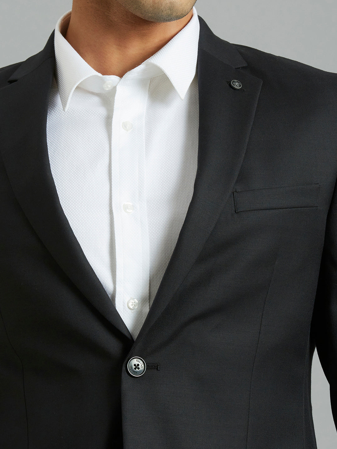 Black Plain Wool Blend With Elastane Tailor Fit Formal Full Sleeve Blazer