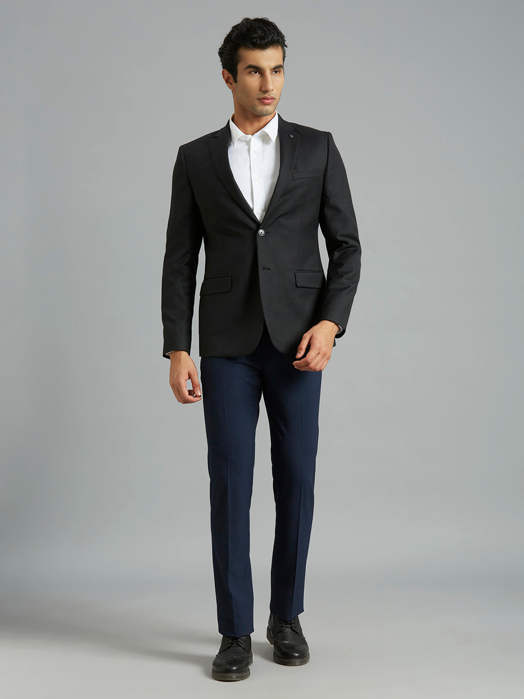 Black Plain Wool Blend With Elastane Tailor Fit Formal Full Sleeve Blazer