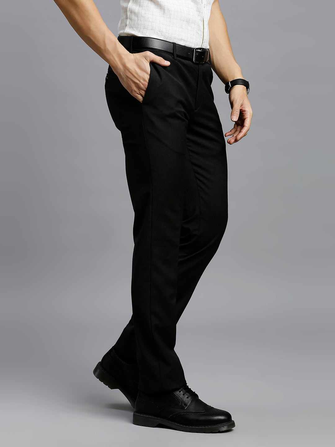 Charcoal Plain Wool Blend With Elastane Auto Fit Formal Cross Pocket Trouser