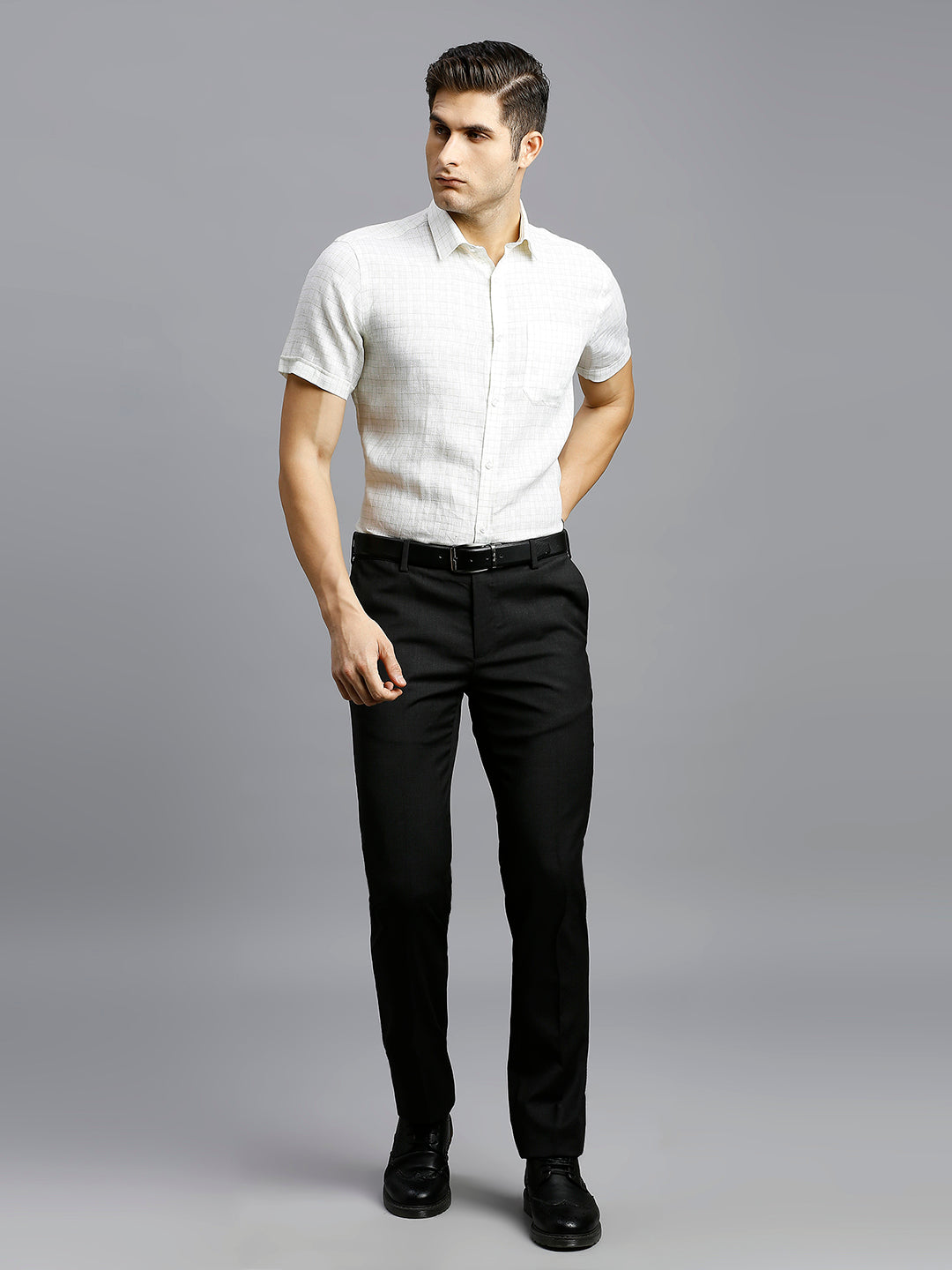 Charcoal Plain Wool Blend With Elastane Auto Fit Formal Cross Pocket Trouser