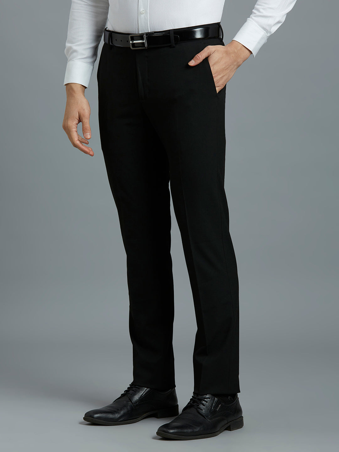 Classy Black Plain Poly Viscose Elastane Tailor Fit Formal Cross Pocket Trouser