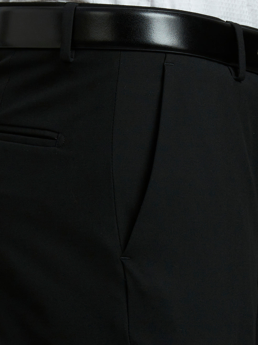 Classy Black Plain Poly Viscose Elastane Tailor Fit Formal Cross Pocket Trouser