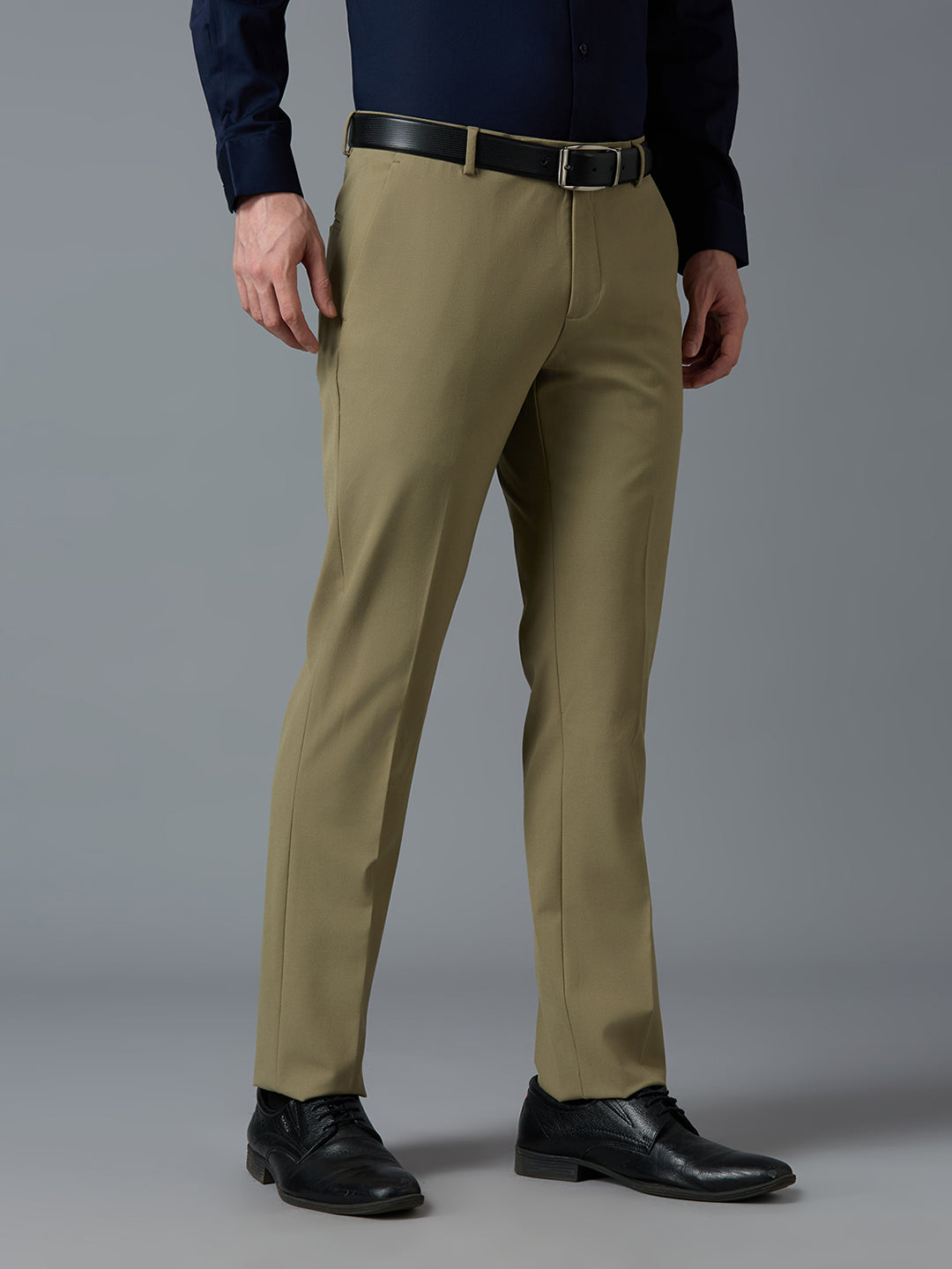 Khakhi Plain Poly Viscose Elastane Tailor Fit Formal Cross Pocket Trousers