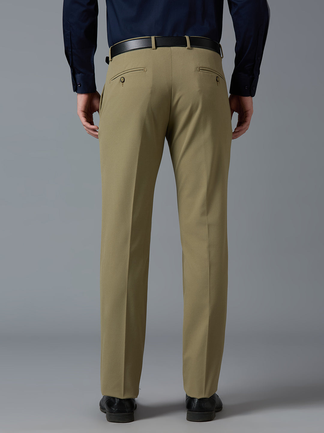 Khakhi Plain Poly Viscose Elastane Tailor Fit Formal Cross Pocket Trousers