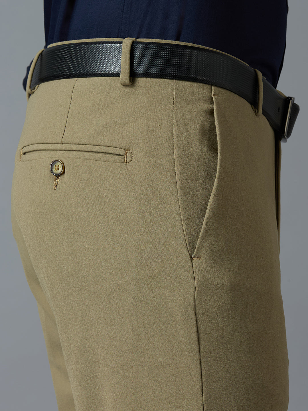 Khakhi Plain Poly Viscose Elastane Tailor Fit Formal Cross Pocket Trousers