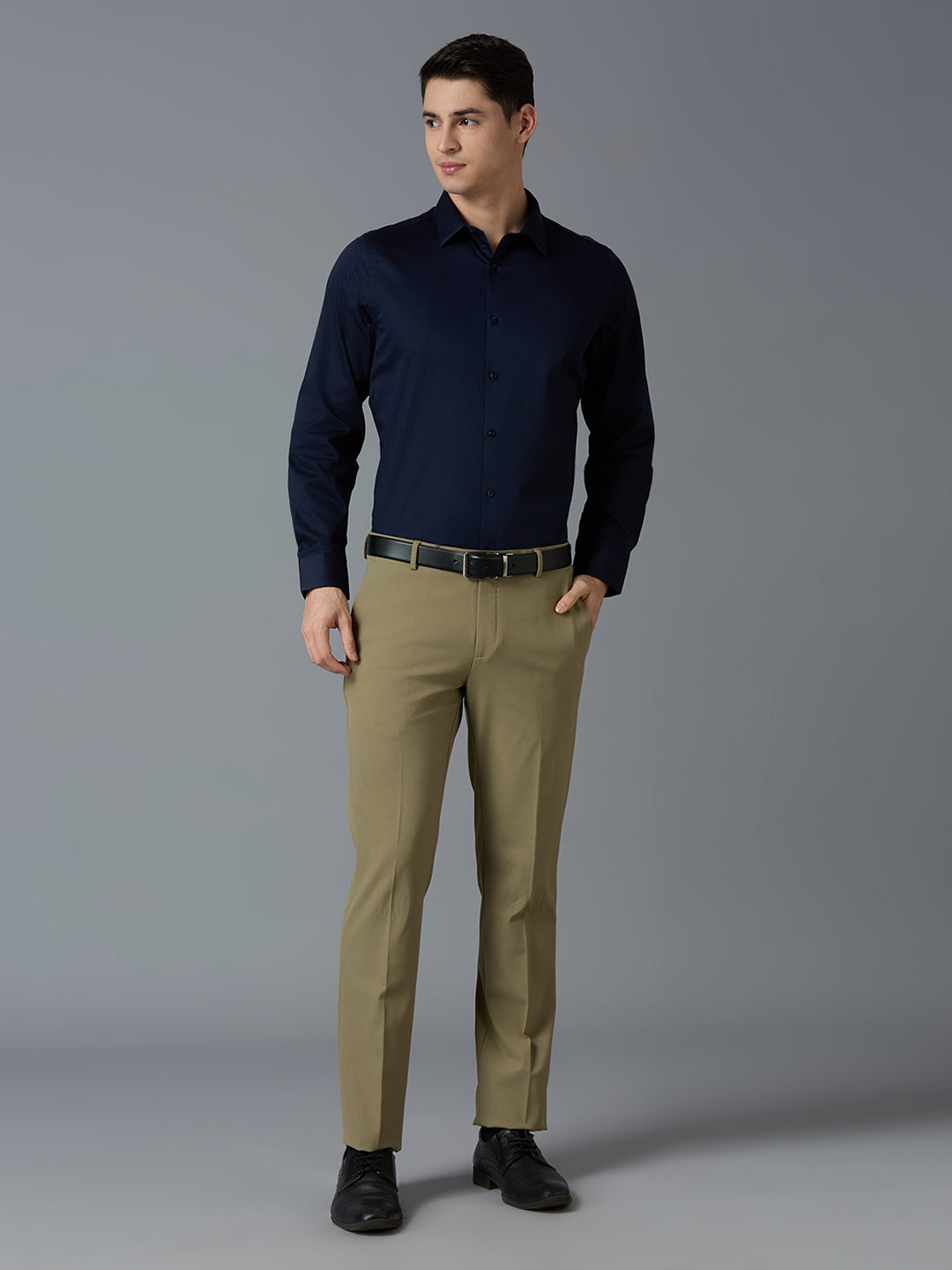 Khakhi Plain Poly Viscose Elastane Tailor Fit Formal Cross Pocket Trousers