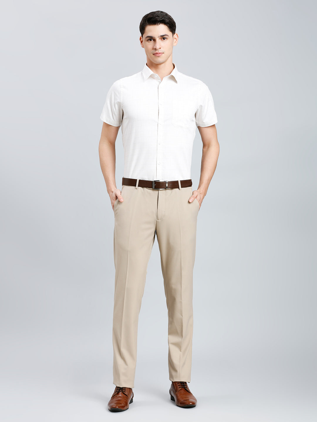 Light Khakhi Plain Poly Viscose Elastane Tailor Fit Formal Cross Pocket Trouser