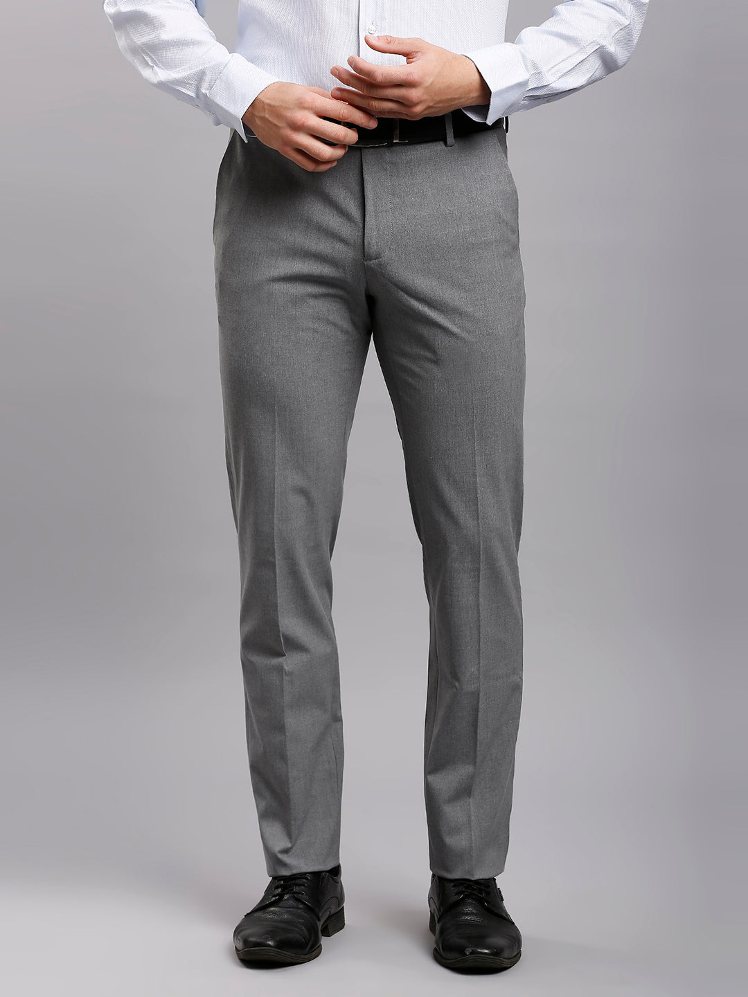 Light Grey Plain Poly Viscose Elastane Tailor Fit Formal Cross Pocket Trousers