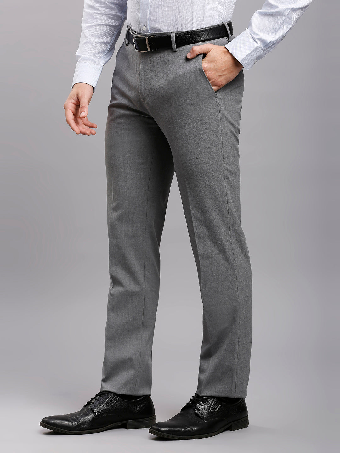 Light Grey Plain Poly Viscose Elastane Tailor Fit Formal Cross Pocket Trousers