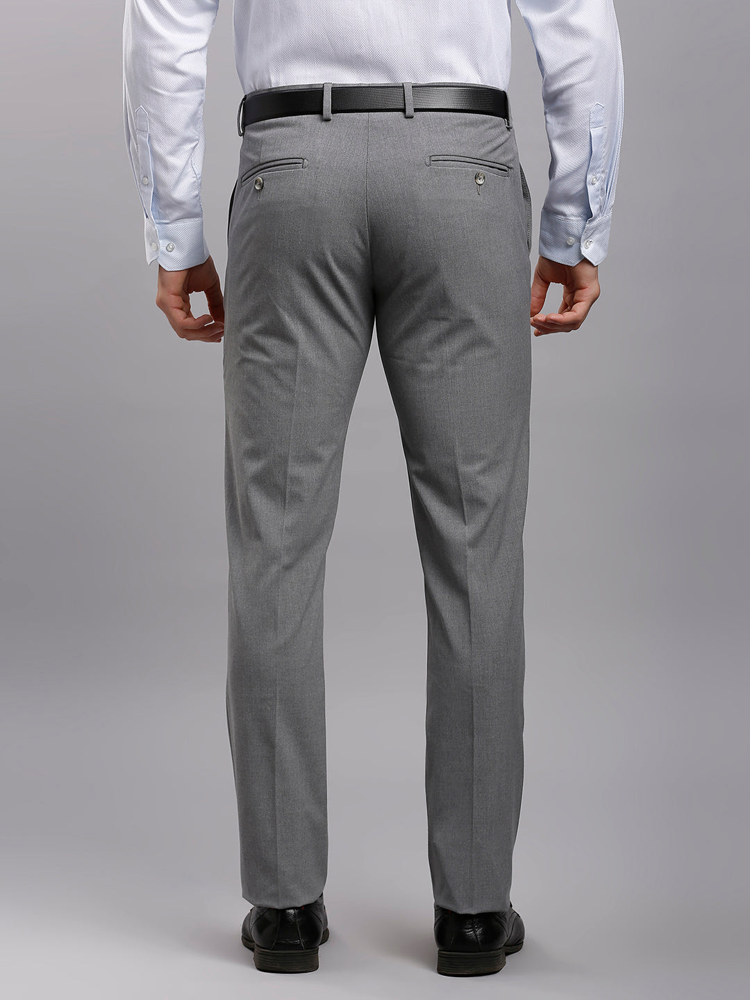 Light Grey Plain Poly Viscose Elastane Tailor Fit Formal Cross Pocket Trousers