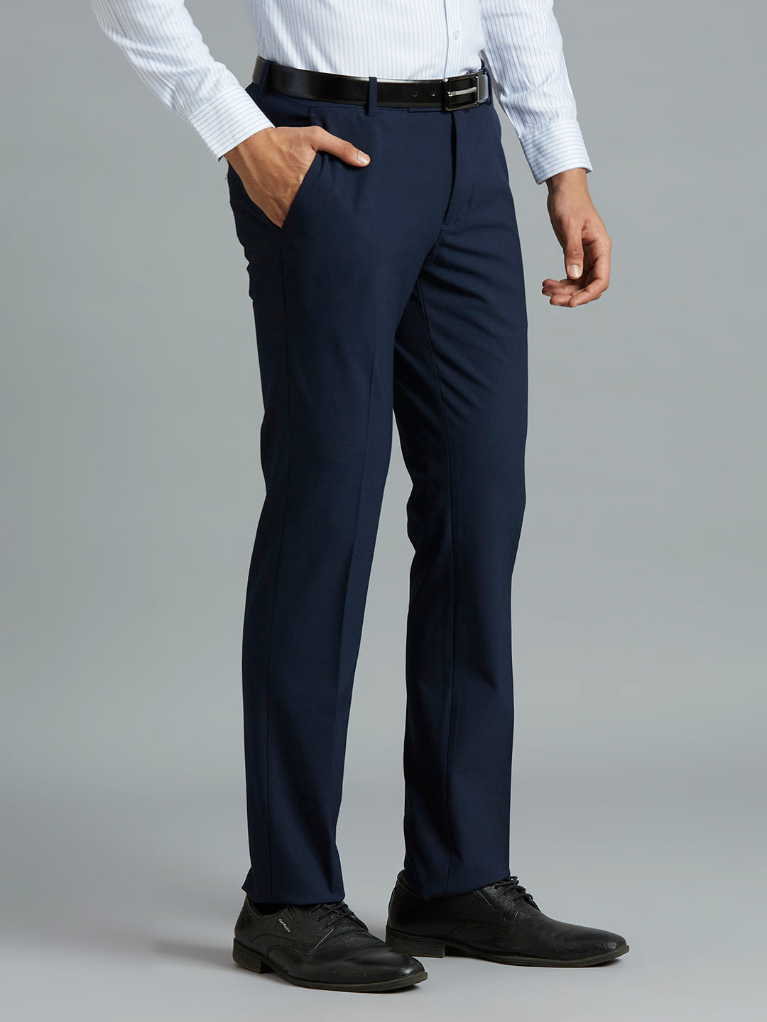 Navy Plain Poly Viscose Elastane Tailor Fit Formal Cross Pocket Trouser