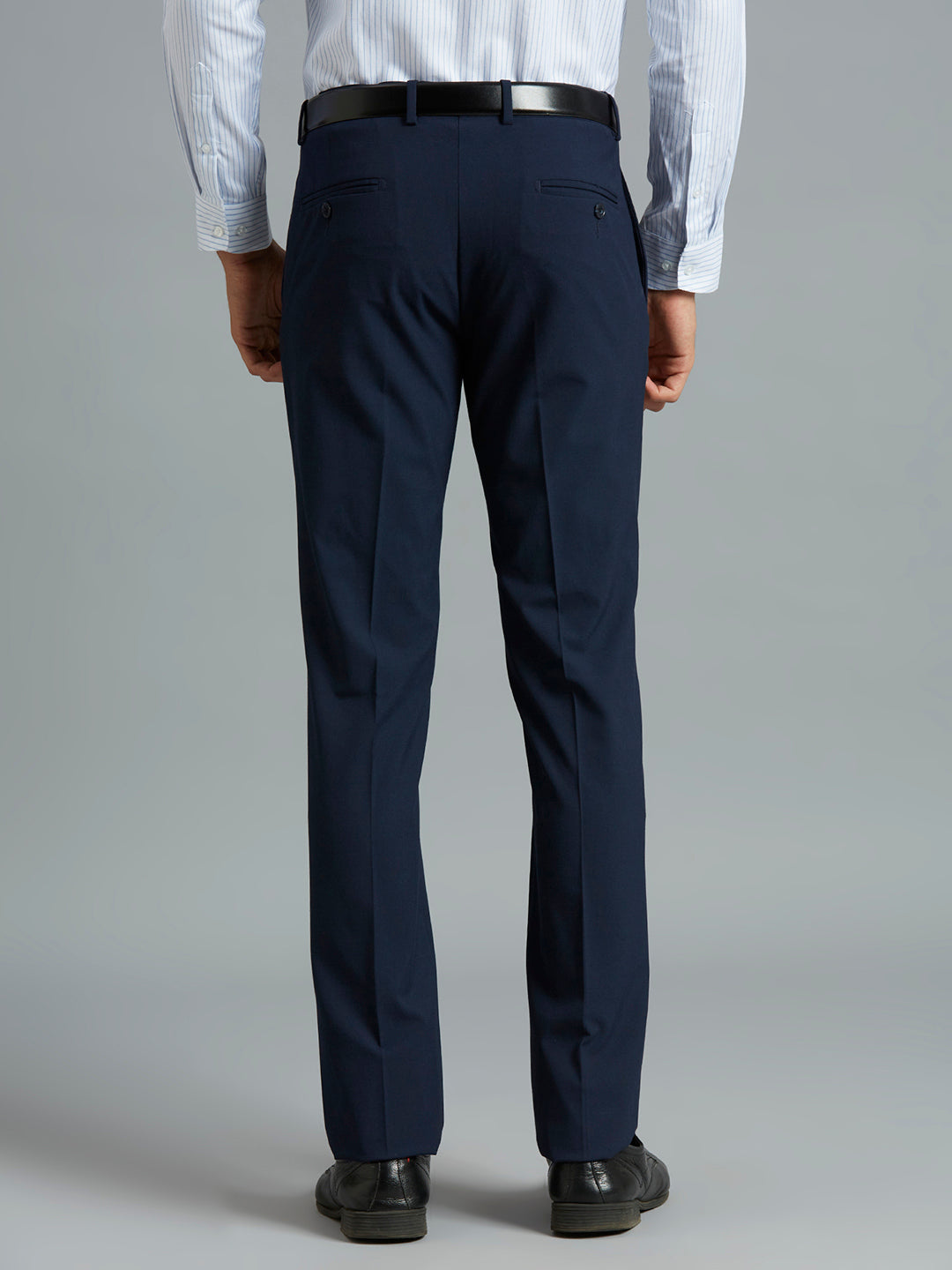 Navy Plain Poly Viscose Elastane Tailor Fit Formal Cross Pocket Trouser