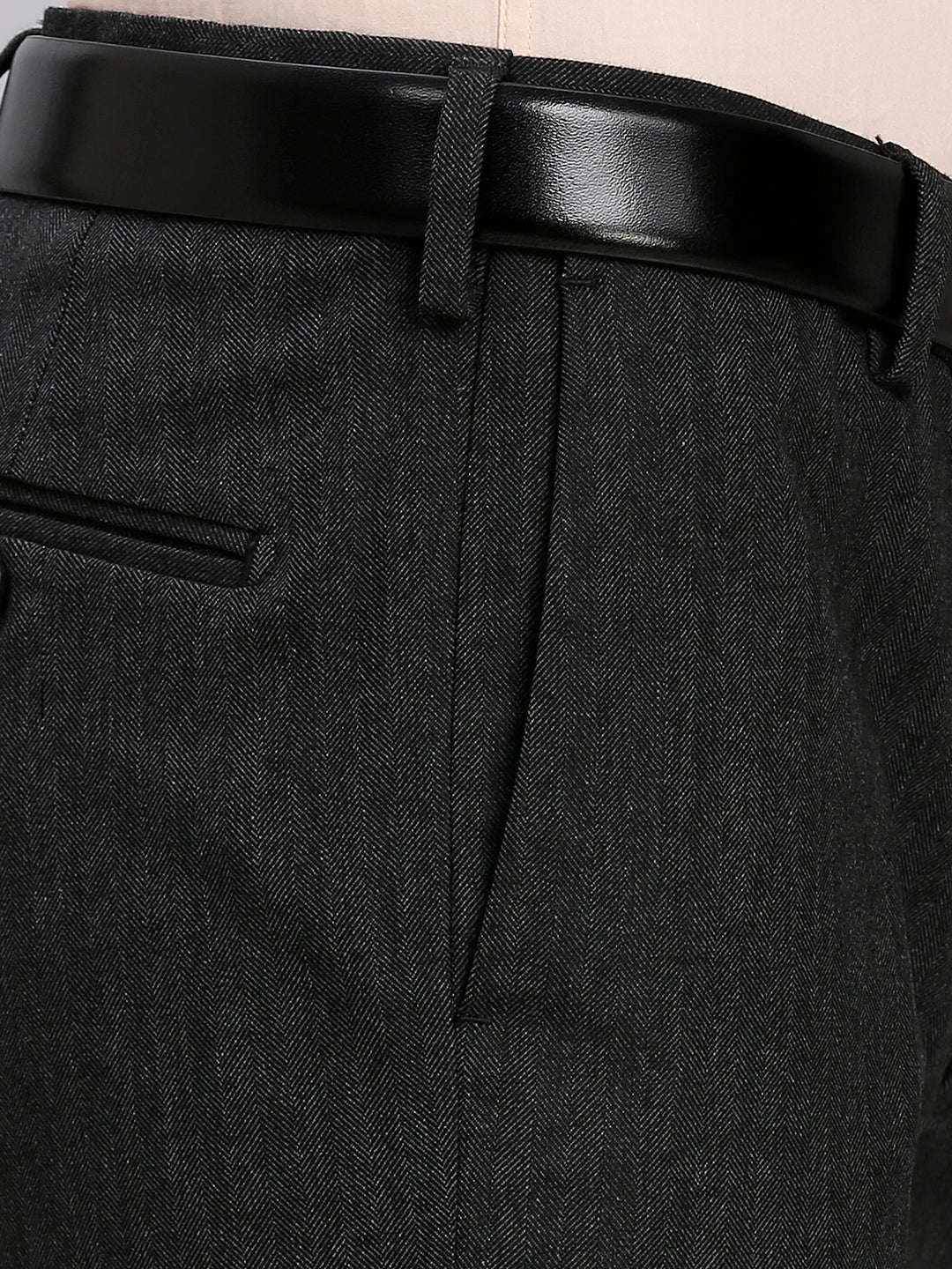 Blue Hearingbone Poly Viscose Elastane Auto Fit Formal Cross Pocket Trouser