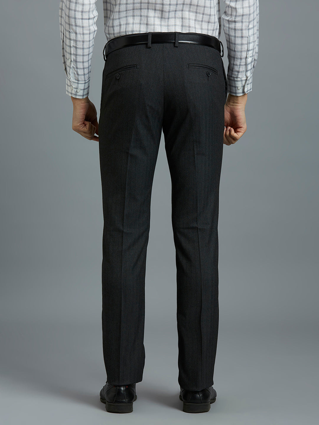 Dark Grey Hearingbone Poly Viscose Elastane Auto Fit Formal Cross Pocket Trouser