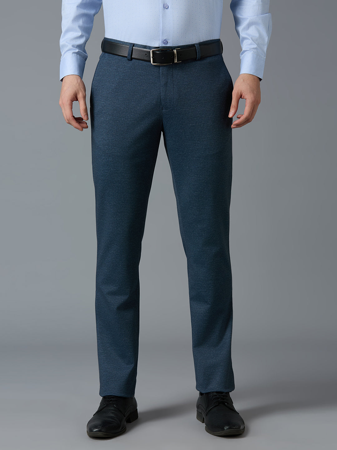 Grey Knitted Fabric Poly Viscose Elastane Tailor Fit Formal Cross Pocket Trousers