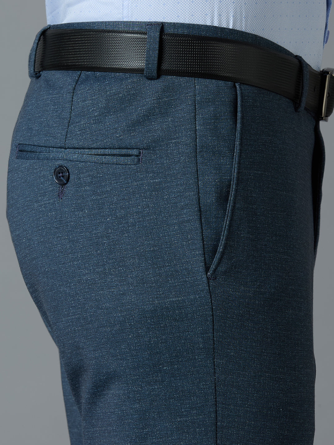 Grey Knitted Fabric Poly Viscose Elastane Tailor Fit Formal Cross Pocket Trousers