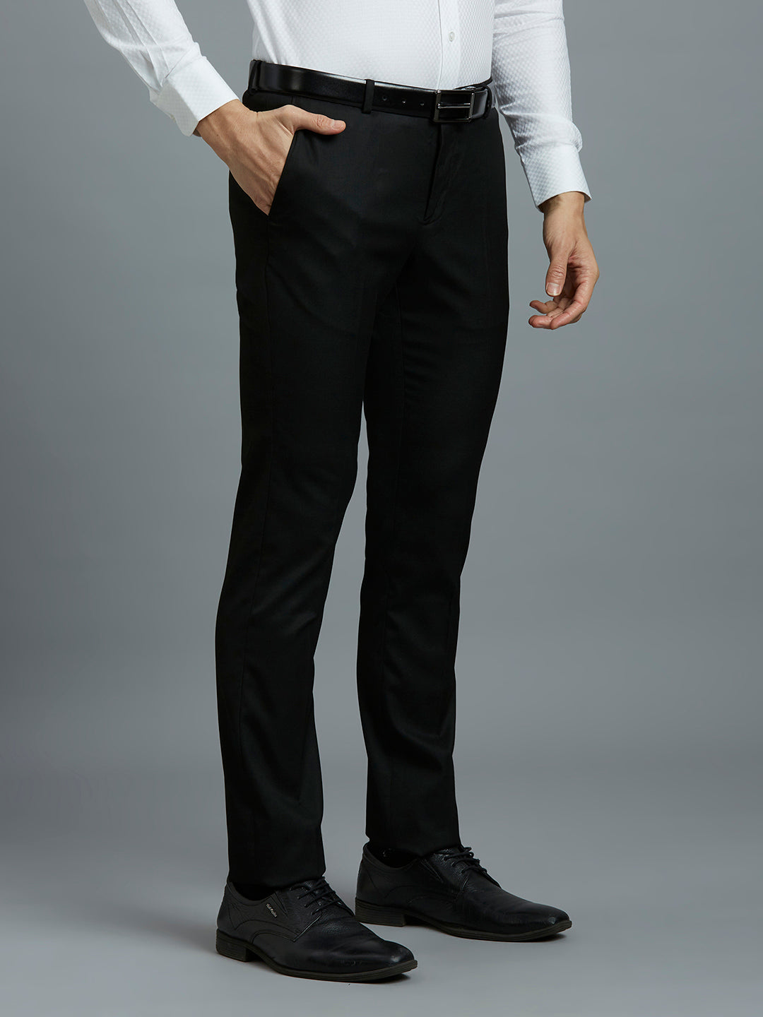 Black Plain Poly Viscose Elastane Tailor Fit Formal Cross Pocket Trouser