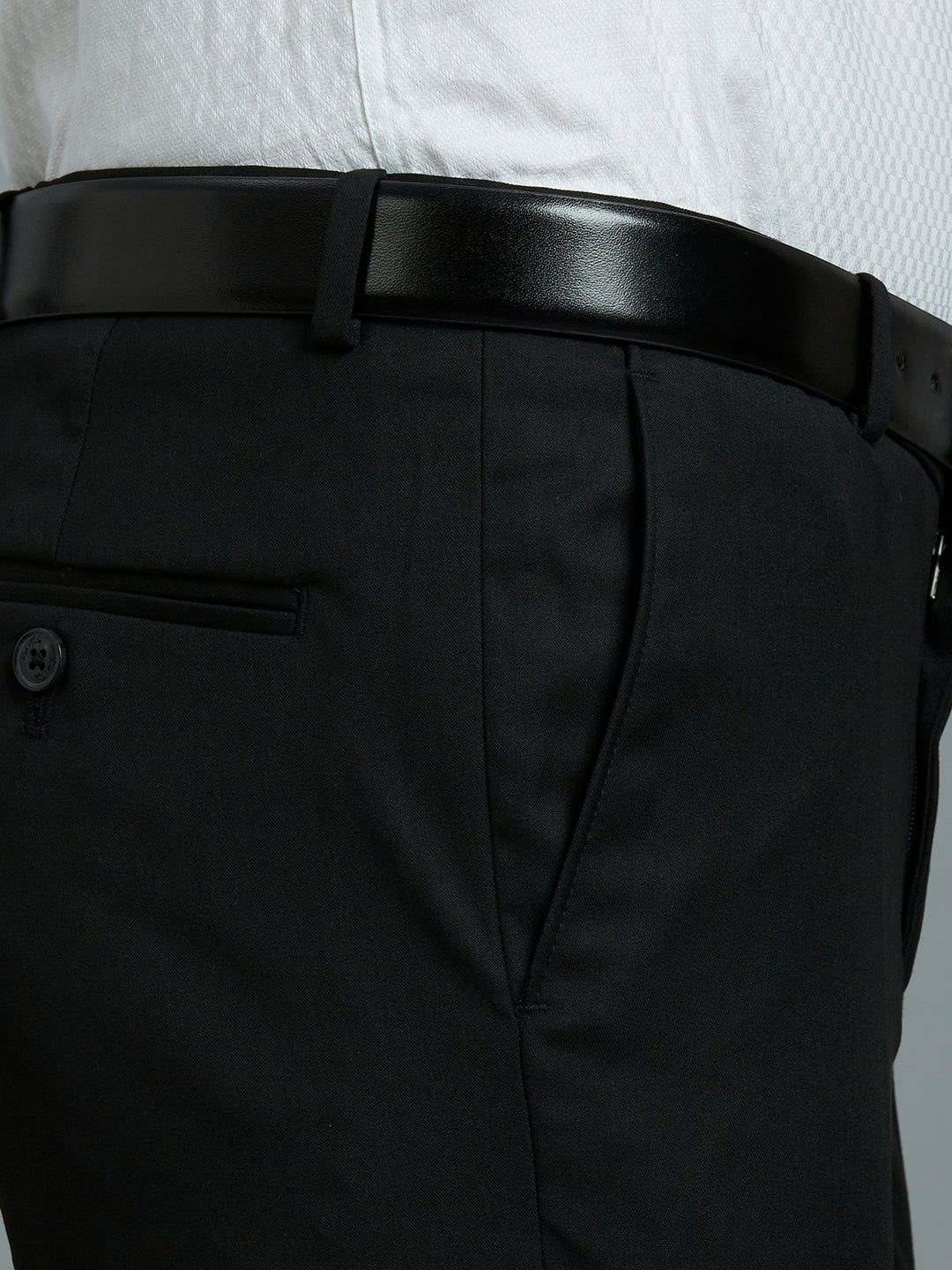Black Plain Poly Viscose Elastane Tailor Fit Formal Cross Pocket Trouser