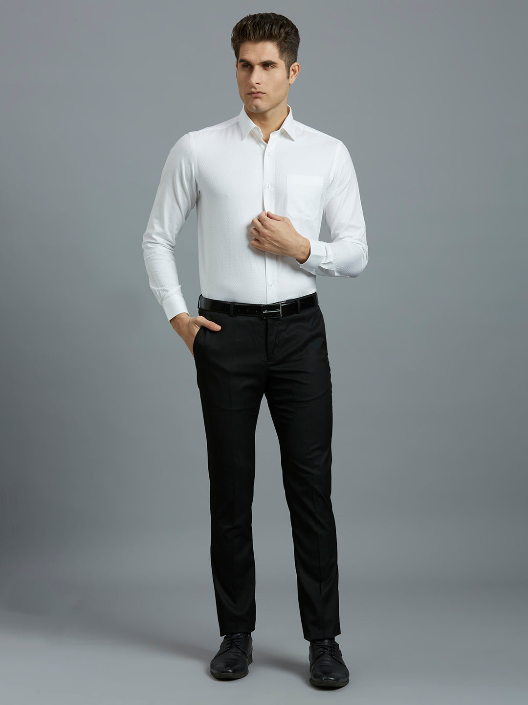 Black Plain Poly Viscose Elastane Tailor Fit Formal Cross Pocket Trouser