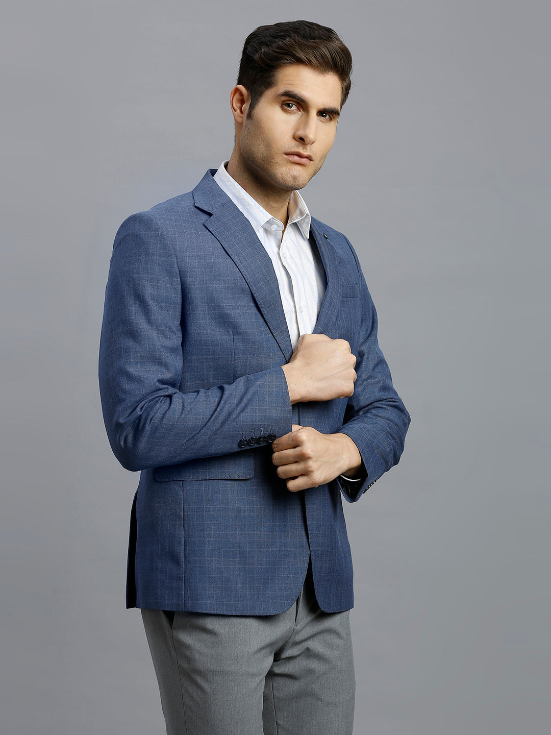 Blue Checks Poly Viscose Tailor Fit Formal Full Sleeve Blazer