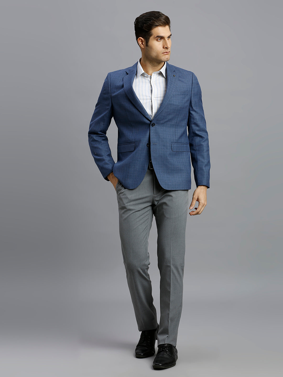 Blue Checks Poly Viscose Tailor Fit Formal Full Sleeve Blazer