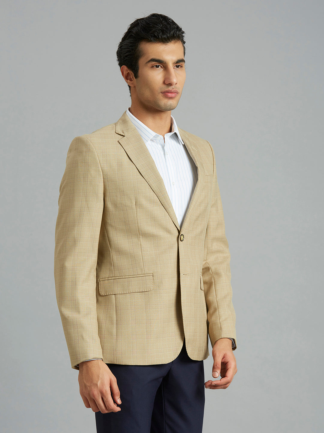 Khakhi Checks Poly Viscose Tailor Fit Formal Full Sleeve Blazers
