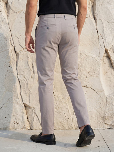 Men's Solid Cotton Stretch Regular Fit Smart Casual Trousers-Light Grey