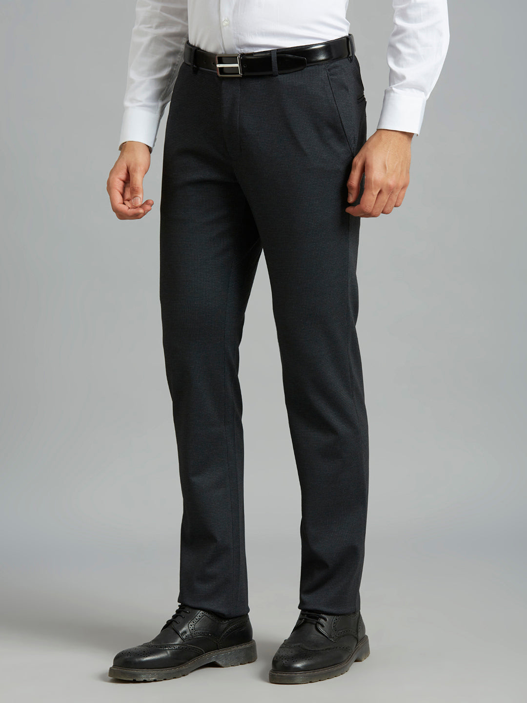 Sleek Black Knitted Fabric Poly Viscose Elastane Tailor Fit Formal Cross Pocket Trousers