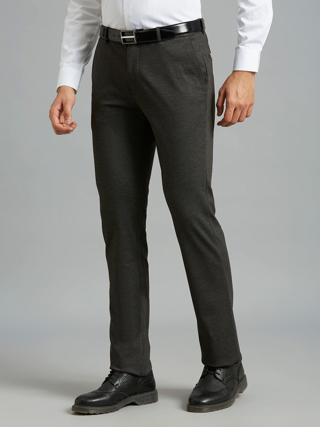 Brown Knitted Fabric Poly Viscose Elastane Tailor Fit Formal Cross Pocket Trouser