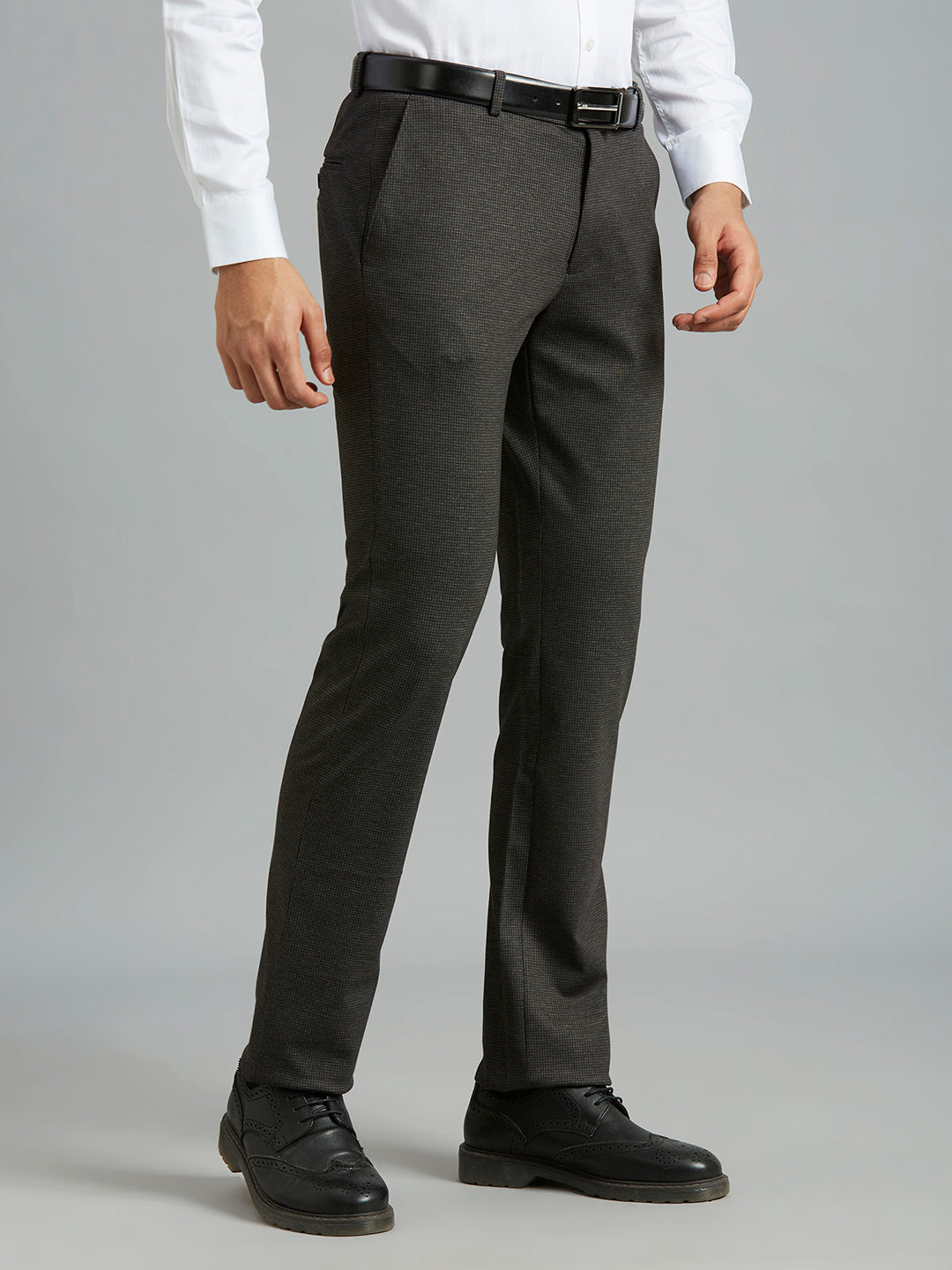 Brown Knitted Fabric Poly Viscose Elastane Tailor Fit Formal Cross Pocket Trouser
