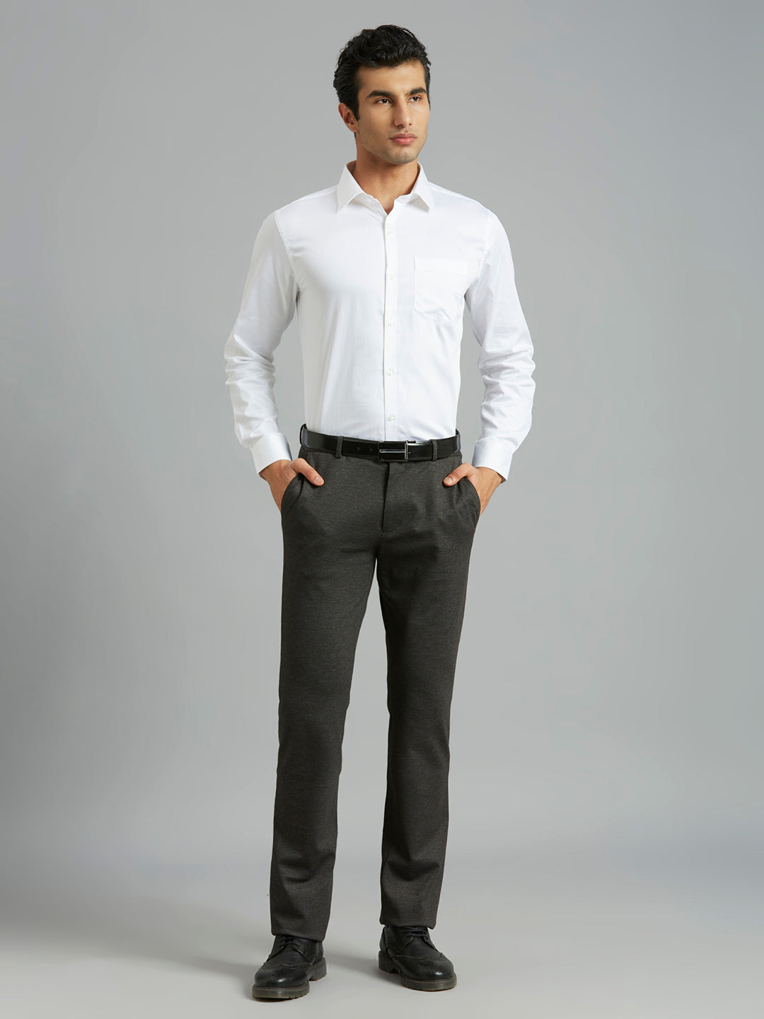 Brown Knitted Fabric Poly Viscose Elastane Tailor Fit Formal Cross Pocket Trouser