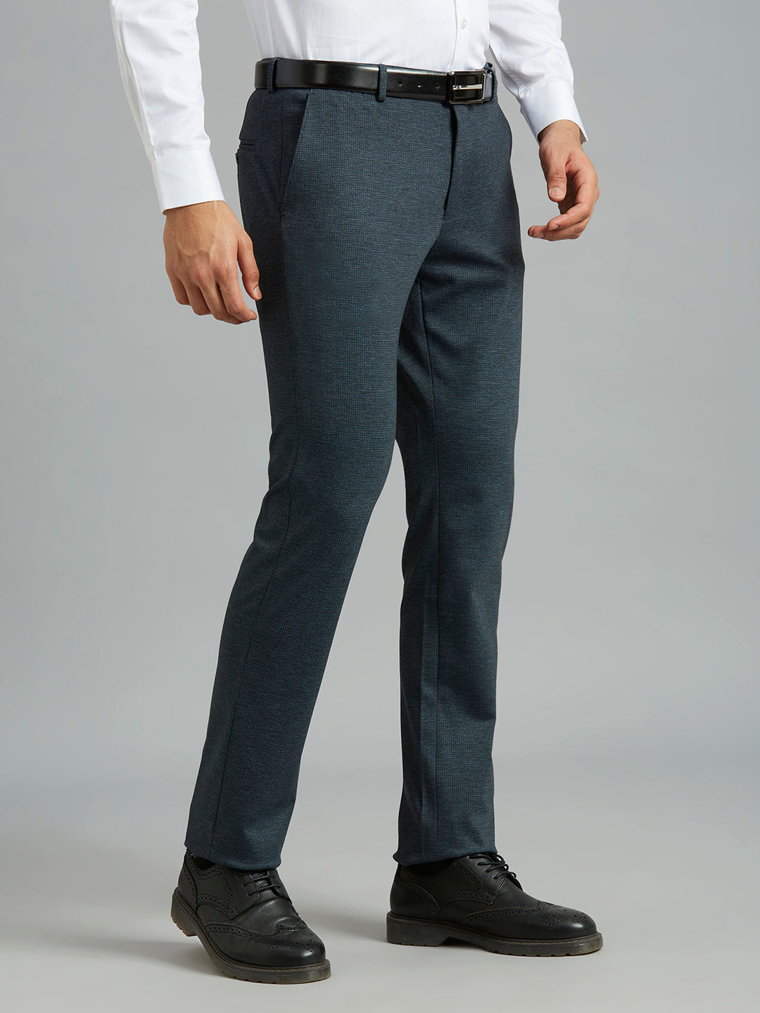 Dark Grey Knitted Fabric Poly Viscose Elastane Tailor Fit Formal Cross Pocket Trouser