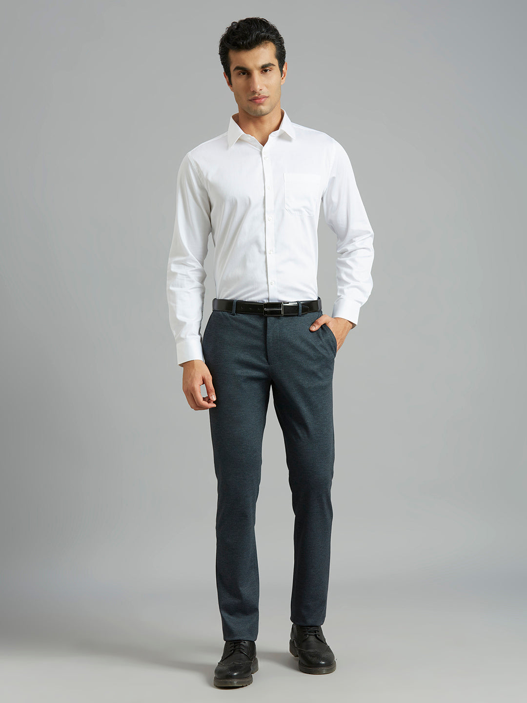 Dark Grey Knitted Fabric Poly Viscose Elastane Tailor Fit Formal Cross Pocket Trouser
