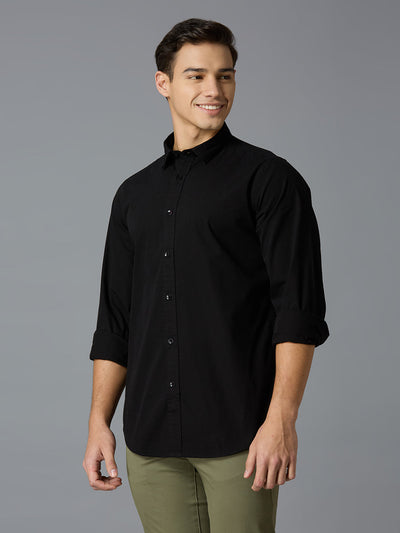 Men's Pure Cotton Plain Slim Fit Full Sleeve Casual Shirt - Black
