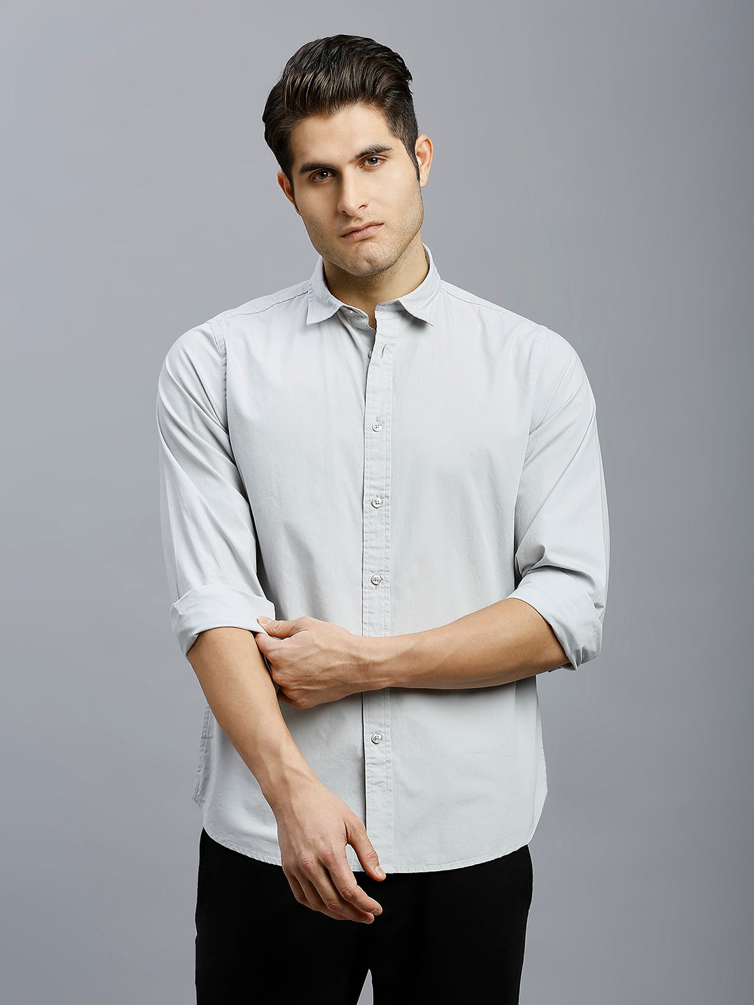 Grey Solid Peached Cotton Slim Fit Casual Full Sleeve Shirt