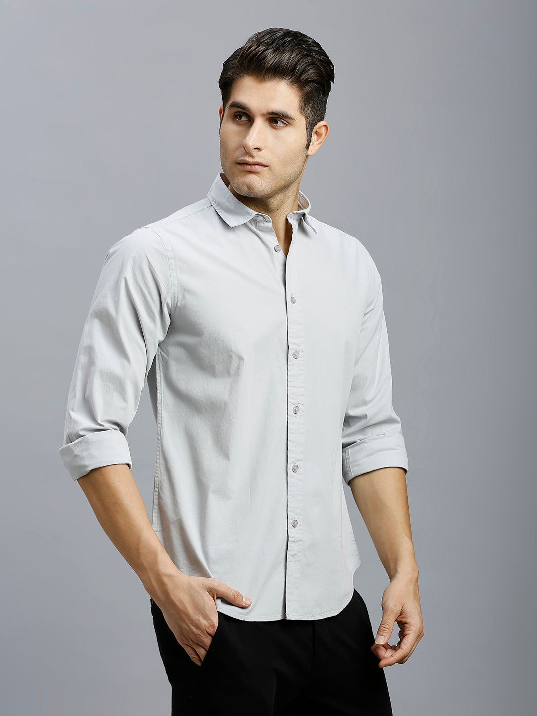 Grey Solid Peached Cotton Slim Fit Casual Full Sleeve Shirt