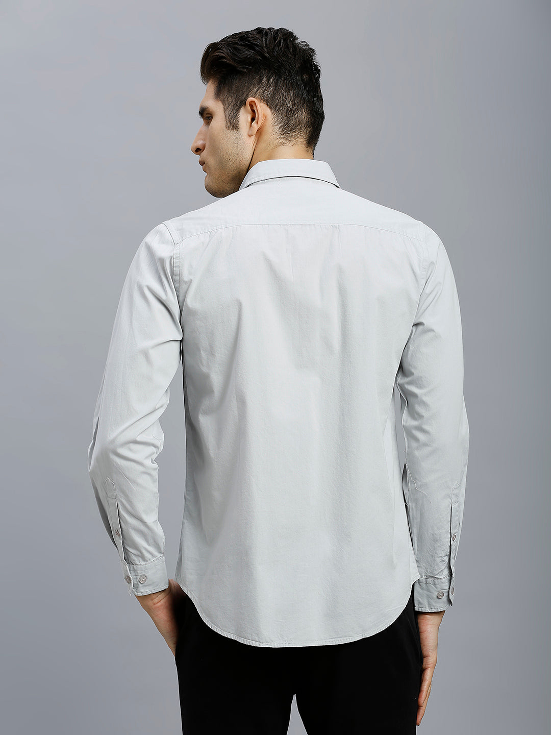 Grey Solid Peached Cotton Slim Fit Casual Full Sleeve Shirt