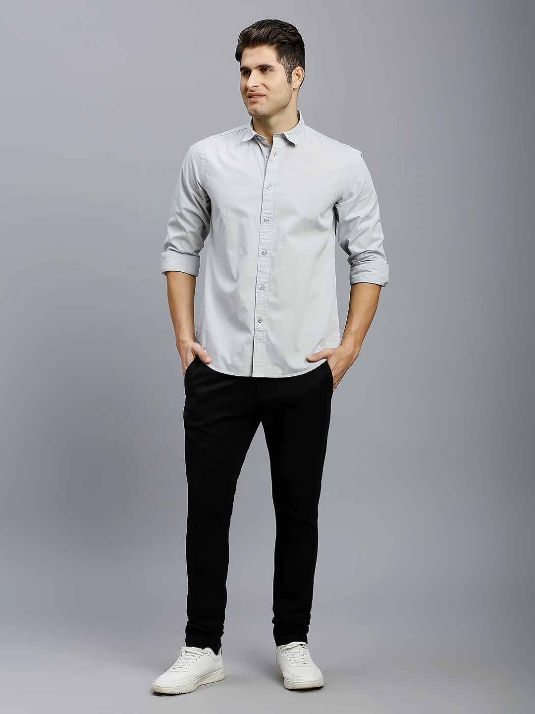 Grey Solid Peached Cotton Slim Fit Casual Full Sleeve Shirt