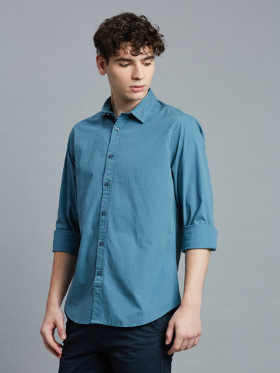 Men's Pure Cotton Plain Slim Fit Full Sleeve Casual Shirt - Blue