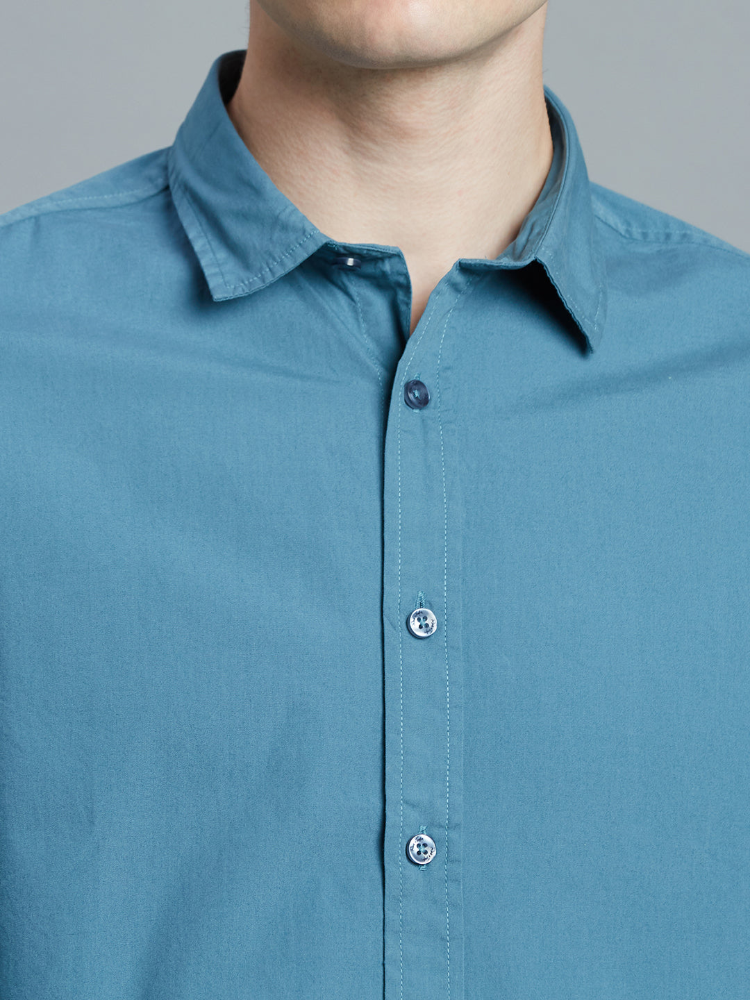 Teal Blue Solid Peached Cotton Slim Fit Casual Full Sleeve Shirt