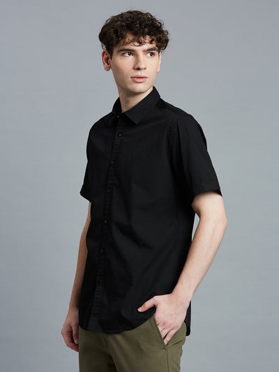 Men's Pure Cotton Plain Slim Fit Half Sleeve Casual Shirt - Black