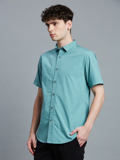 Men's Pure Cotton Plain Slim Fit Half Sleeve Casual Shirt - Green